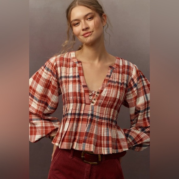 Pilcro Pleated Swing Blouse Balloon Sleeve Plaid Metallic Anthropologie Size XS - Picture 2 of 10
